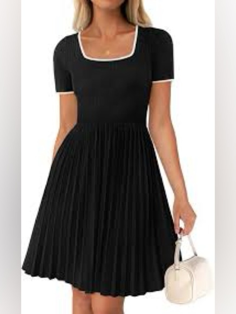 Ribbed Square Neck Color Block Pleated Mini Dress by Zesica